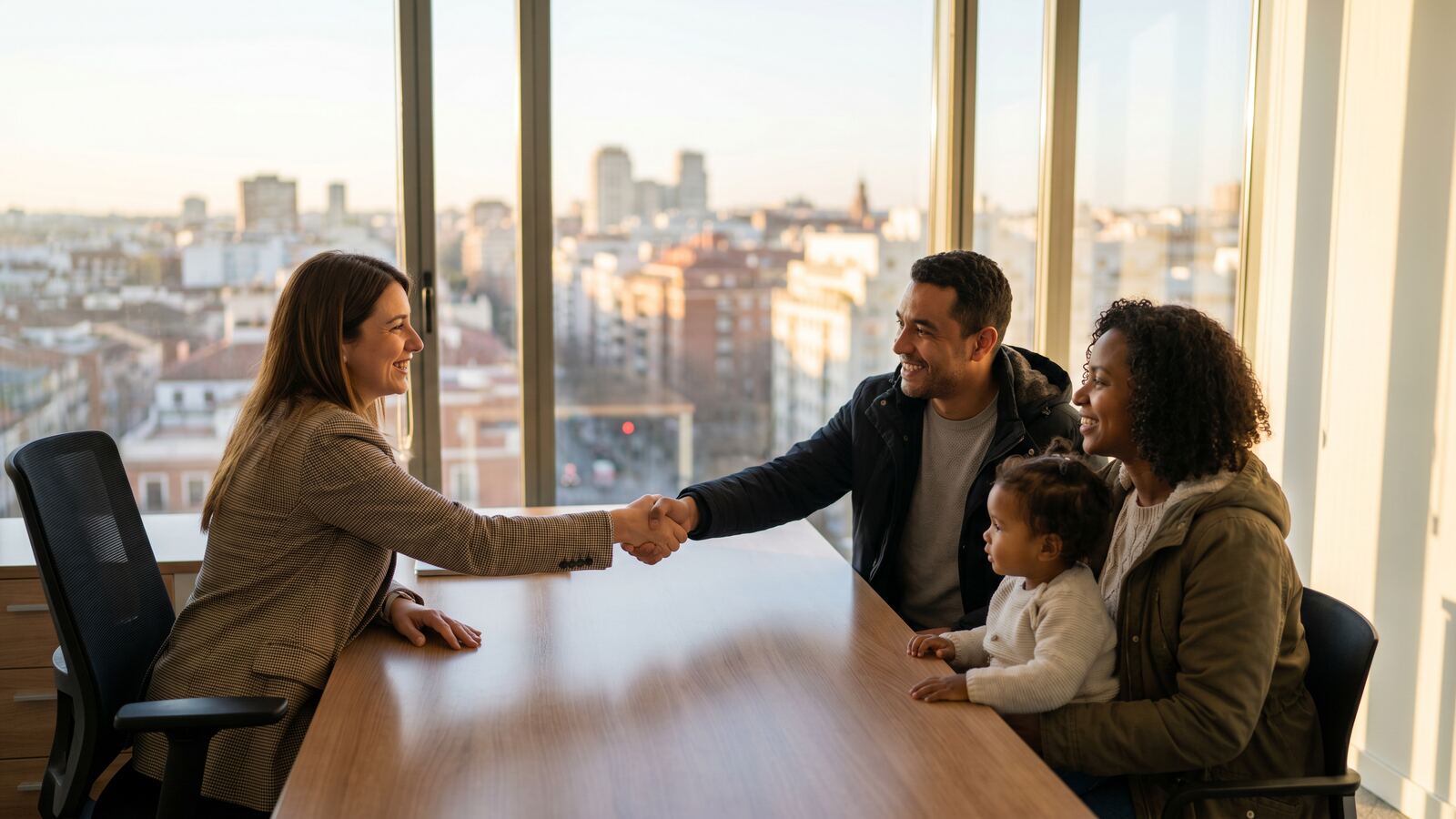 Asesor de inmigración recibiendo a una familia en una oficina en Madrid