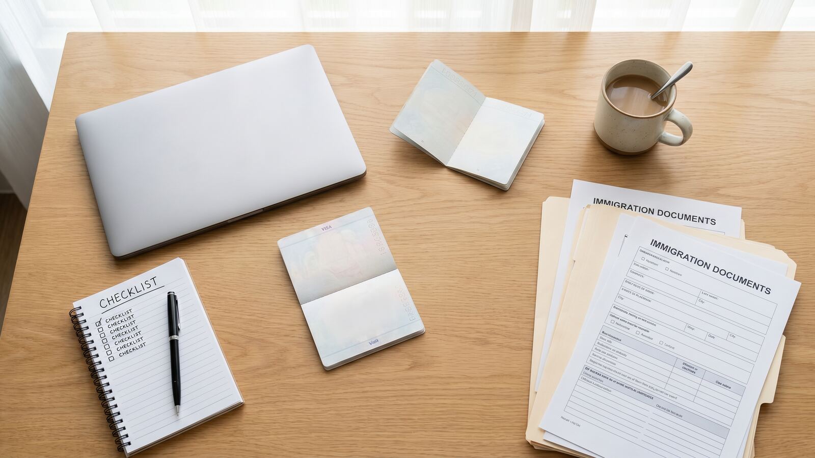 Escritorio con documentos, pasaporte y checklist de inmigración para España