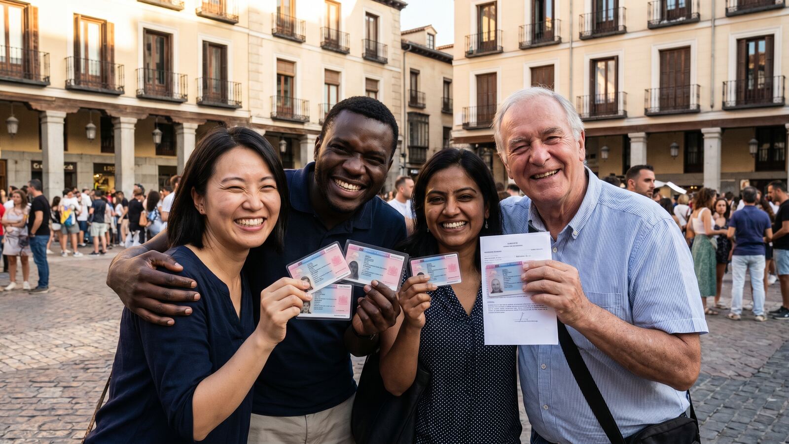 Grupo de personas extranjeras sonrientes mostrando sus documentos de residencia en una plaza de Madrid tras regularizar su situación en España